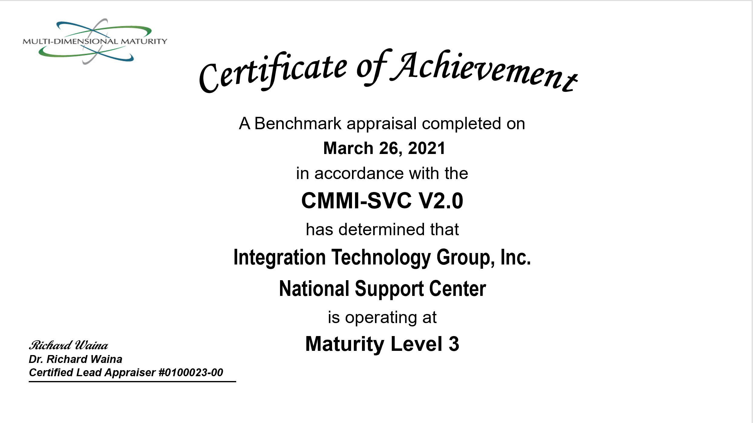 CMMI v2 Services Certificate